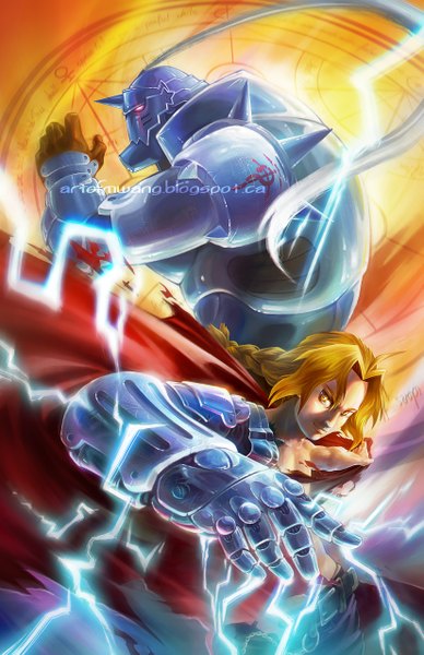 Anime picture 3300x5100 with fullmetal alchemist studio bones edward elric alphonse elric mikaelwang long hair tall image highres blonde hair smile yellow eyes absurdres braid (braids) pink eyes realistic torn clothes magic single braid muscle electricity