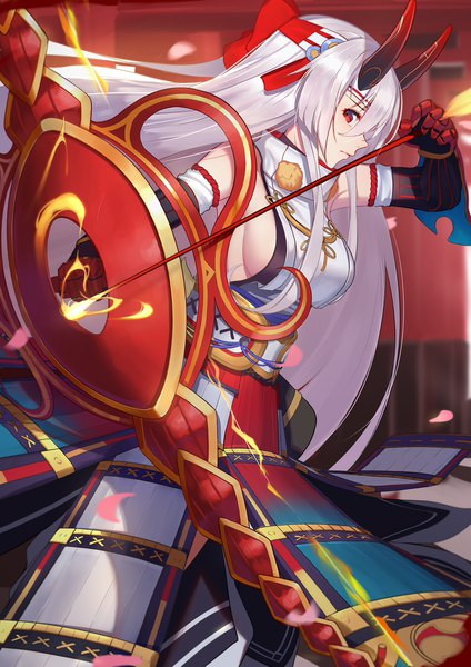 Anime picture 1488x2105 with fate (series) fate/grand order tomoe gozen (fate) langya beike single long hair tall image looking at viewer fringe breasts hair between eyes red eyes payot silver hair traditional clothes japanese clothes profile horn (horns) blurry depth of field