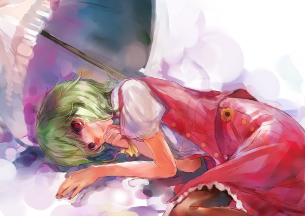 Anime picture 1848x1309 with touhou kazami yuuka nokishita single blush highres short hair smile red eyes green hair girl dress skirt umbrella skirt set