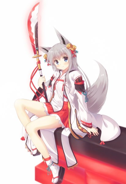 Anime picture 824x1200 with original misaki yuu (dstyle) single long hair tall image looking at viewer fringe blue eyes smile hair between eyes sitting holding animal ears bent knee (knees) tail long sleeves traditional clothes head tilt japanese clothes animal tail