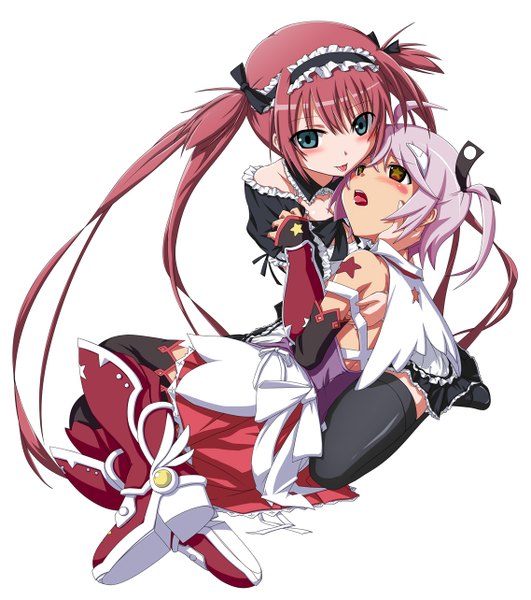 Anime picture 1137x1283 with queen's blade airi (queen's blade) cute (queen's blade) shirosame (artist) long hair tall image blush short hair white background multiple girls green eyes pink hair red hair hug shoujo ai girl thighhighs dress black thighhighs 2 girls
