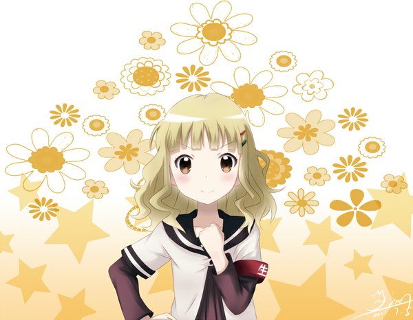 Anime picture 1049x816 with yuru yuri doga kobo oomuro sakurako 8820122 single short hair blonde hair brown eyes girl flower (flowers) serafuku