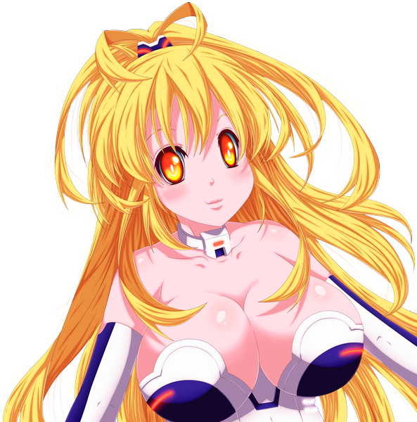 Anime picture 4145x4200 with choujigen game neptune yellow heart hyugasosby single long hair tall image blush highres breasts light erotic blonde hair smile bare shoulders yellow eyes absurdres orange eyes huge breasts coloring transparent background multicolored eyes