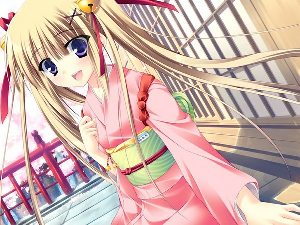 Anime picture 1024x768 with sakura bitmap (game) long hair blonde hair purple eyes twintails game cg girl yukata