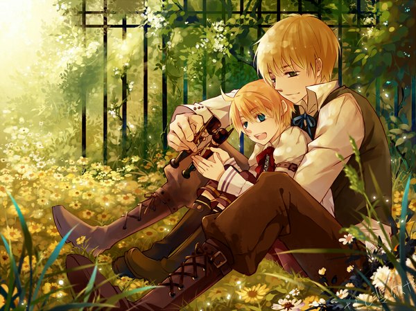 Anime picture 1024x767 with axis powers hetalia studio deen united kingdom (hetalia) america (hetalia) lc hi ji (saiyki) short hair open mouth blue eyes blonde hair sitting green eyes ahoge light smile alternate age younger boy flower (flowers) plant (plants) thigh boots toy