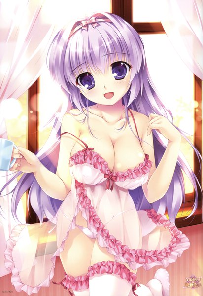 Anime picture 2611x3800 with hyakugojuunenme no mahoutsukai melonbooks mikeou single tall image looking at viewer highres breasts open mouth light erotic large breasts purple eyes purple hair scan official art strap slip girl thighhighs underwear panties
