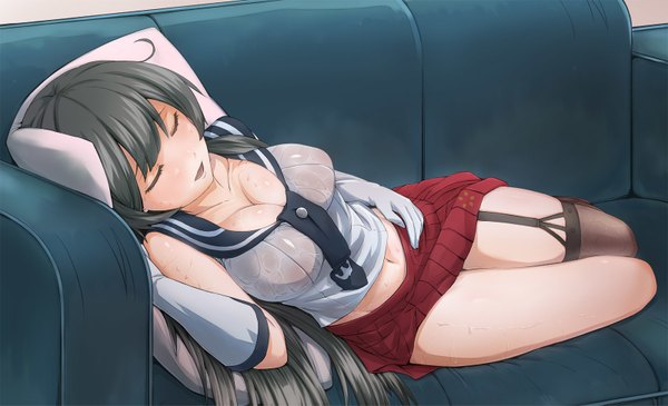 Anime picture 1600x975 with kantai collection agano light cruiser urigarasu single long hair blush breasts open mouth light erotic black hair wide image large breasts bare shoulders cleavage eyes closed wet clothes sleeping girl thighhighs skirt