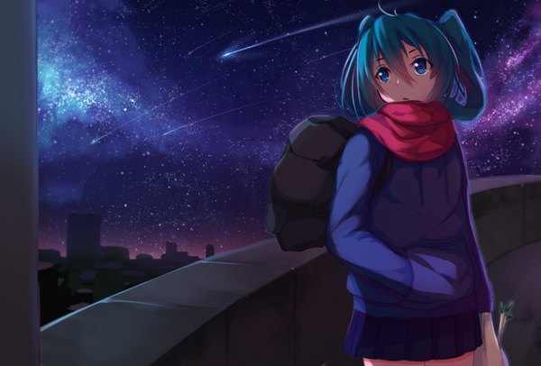 Anime picture 1500x1017 with vocaloid hatsune miku mhong single long hair looking at viewer blue eyes twintails aqua hair night meteor rain girl skirt miniskirt scarf star (stars) bag red scarf