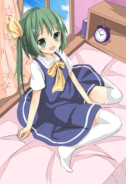 Anime picture 1827x2656 with touhou daiyousei sakuraba hikaru (loveindog) long hair tall image blush highres open mouth sitting green eyes green hair one side up looking up girl thighhighs dress white thighhighs bed
