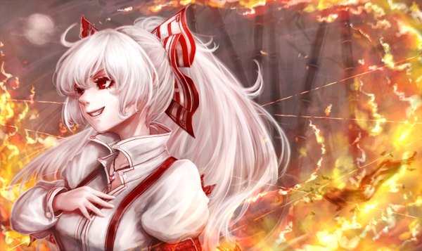 Anime picture 1470x875 with touhou fujiwara no mokou bankyuu (hoshibuchi) single long hair smile red eyes wide image looking away white hair ponytail smoke open collar clenched teeth bamboo forest girl bow hair bow tree (trees) pendant