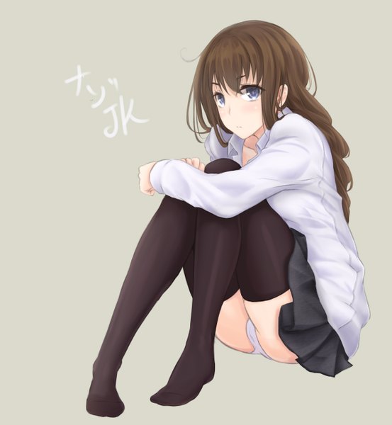 Anime picture 1200x1300 with original wantsupanchi!! single long hair tall image blue eyes light erotic brown hair grey background pantyshot sitting girl thighhighs skirt black thighhighs miniskirt shirt