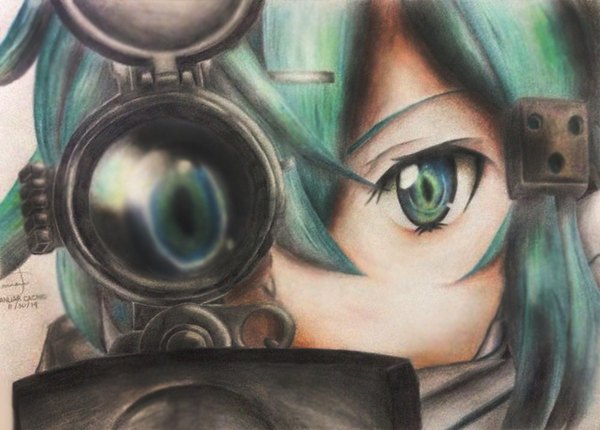 Anime picture 1000x718 with sword art online a-1 pictures asada shino tagme (artist) single looking at viewer fringe short hair green eyes blue hair traditional media girl weapon scarf gun sniper rifle