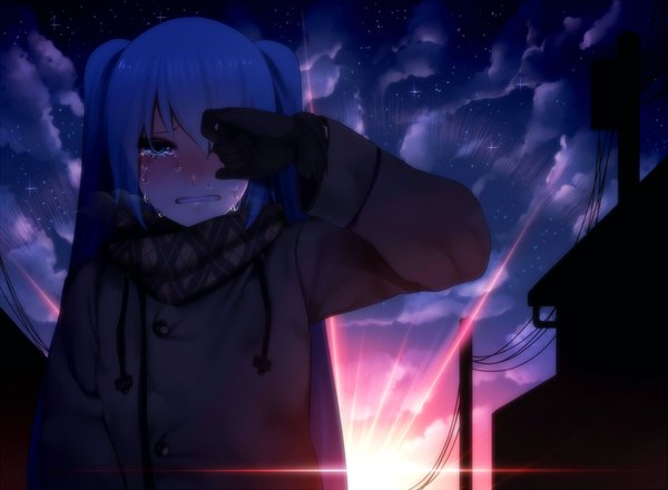 Anime picture 1200x880 with vocaloid hatsune miku irohara mitabi single long hair blush blue eyes twintails blue hair cloud (clouds) night sky tears evening sunset crying girl gloves scarf star (stars)