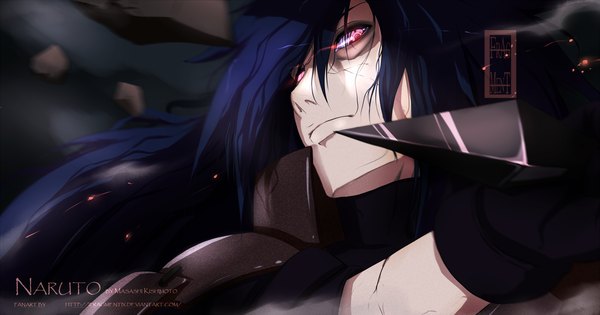 Anime picture 2200x1157 with naruto studio pierrot naruto (series) uchiha madara ifragmentix single long hair highres wide image purple eyes blue hair inscription coloring glowing close-up smoke glowing eye (eyes) rinnegan boy weapon