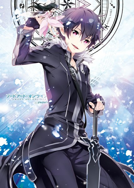 Anime picture 638x895 with sword art online a-1 pictures kirigaya kazuto yui (sao) playback (artist) long hair tall image short hair open mouth black hair smile signed pink eyes pointy ears inscription loli copyright name hieroglyph fantasy fairy