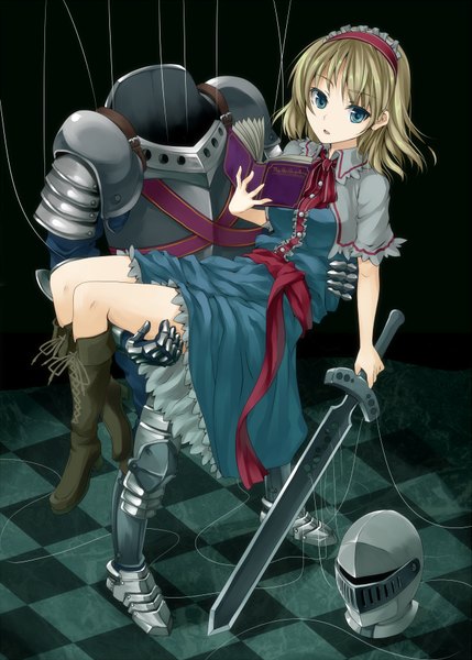 Anime picture 1295x1812 with touhou alice margatroid unasaka ryou single tall image looking at viewer fringe short hair blue eyes blonde hair holding parted lips arm up dark background lacing checkered floor lace-up boots girl dress ribbon (ribbons)