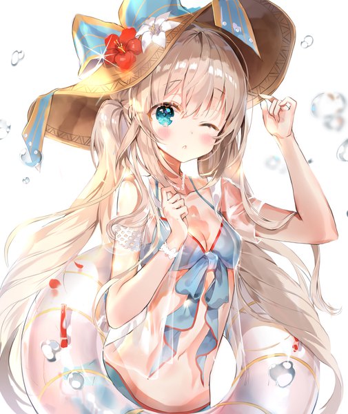 Anime picture 1000x1188 with fate (series) fate/grand order marie antoinette (fate/grand order) b rock single long hair tall image looking at viewer blush fringe breasts light erotic blonde hair white background twintails one eye closed aqua eyes sparkle girl swimsuit