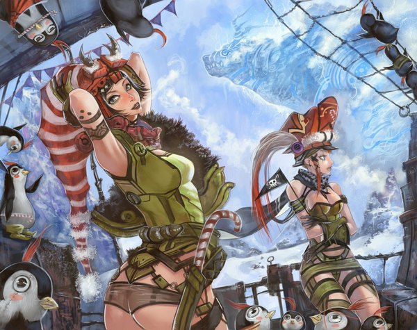 Anime picture 1024x811 with original elsevilla short hair brown hair horn (horns) grey eyes tattoo winter snow mountain arms behind head exhalation steam ghost skull and crossbones pirate girl earrings animal food