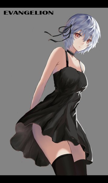 Anime picture 700x1180 with neon genesis evangelion gainax ayanami rei chauncey single tall image looking at viewer short hair simple background red eyes bare shoulders blue hair grey background from below hands behind back girl thighhighs dress ribbon (ribbons) black thighhighs