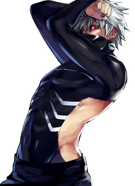 Anime picture 790x1090 with tokyo ghoul studio pierrot kaneki ken shiromi (ringo) single tall image looking at viewer short hair simple background red eyes white background white hair arms up boy bodysuit mask