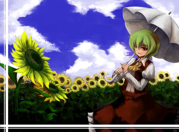 Anime picture 1920x1420 with touhou kazami yuuka highres short hair yellow eyes cloud (clouds) green hair girl skirt flower (flowers) umbrella skirt set sunflower