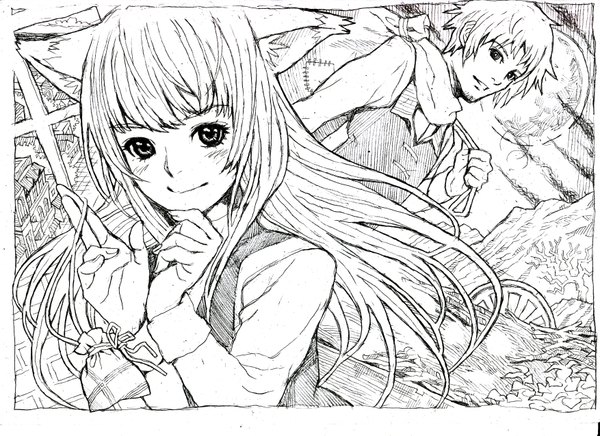Anime picture 3508x2552 with spice and wolf horo craft lawrence highres monochrome
