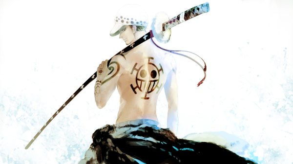 Anime picture 1500x844 with one piece toei animation trafalgar law roco64 single short hair black hair simple background wide image looking back grey eyes tattoo topless boy weapon hat earrings sword katana fur