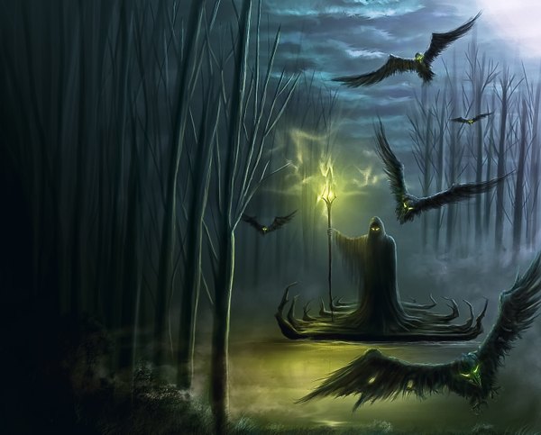 Anime picture 1500x1209 with original juanparoldan (artist) glowing glowing eye (eyes) landscape fantasy animal tree (trees) bird (birds) forest crow