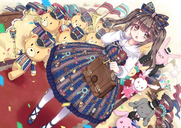 Anime picture 2480x1754 with original north abyssor single long hair blush highres open mouth black hair twintails yellow eyes lolita fashion sweet lolita girl dress bow hair bow toy bag stuffed animal teddy bear