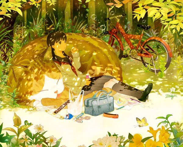 Anime picture 1300x1040 with original ame (conronca) single long hair fringe brown hair sitting twintails brown eyes sleeping girl skirt flower (flowers) plant (plants) animal shirt tree (trees) socks food shoes