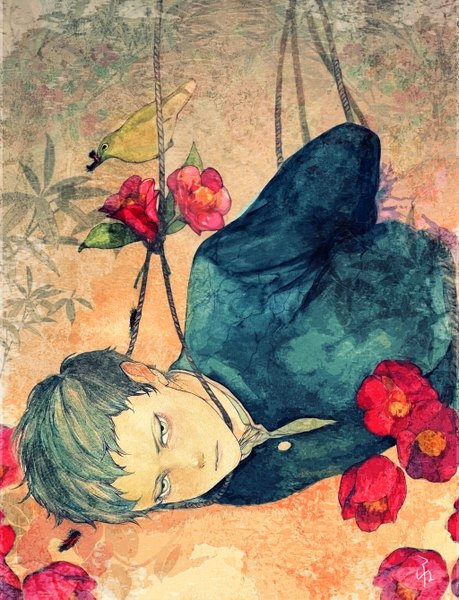 Anime picture 1024x1339 with original zarame tokoharu single tall image short hair signed blue hair hands behind back bondage traditional media watercolor (medium) tied up boy flower (flowers) animal bird (birds) insect rope