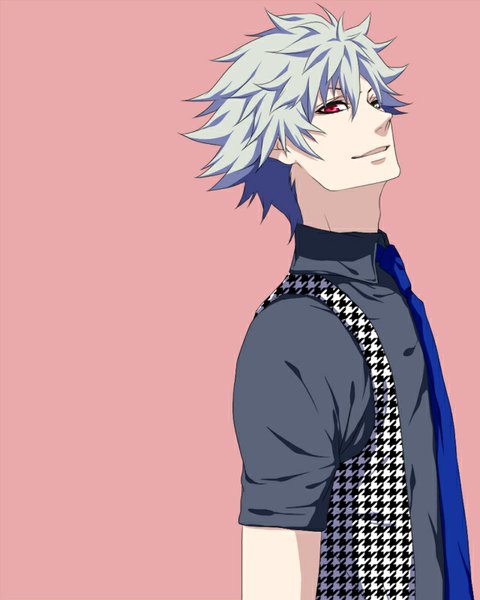 Anime picture 640x800 with uta no prince-sama a-1 pictures kurosaki ranmaru nayuta (hanayushi) single tall image looking at viewer short hair open mouth simple background smile red eyes grey hair pink background boy vest turtleneck