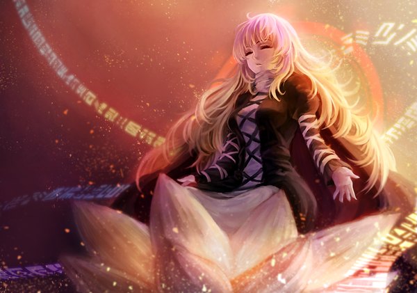 Anime picture 1280x900 with touhou hijiri byakuren freeze-ex single long hair fringe eyes closed long sleeves sunlight spread arms lacing sunbeam girl flower (flowers) ribbon (ribbons) petals sorcerer's sutra scroll