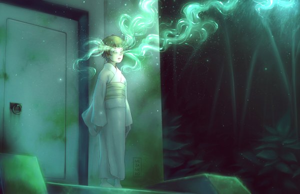 Anime picture 2464x1600 with mushishi mezamero single fringe highres short hair brown hair signed traditional clothes parted lips japanese clothes glowing glowing eye (eyes) empty eyes bamboo forest girl tree (trees) forest yukata door