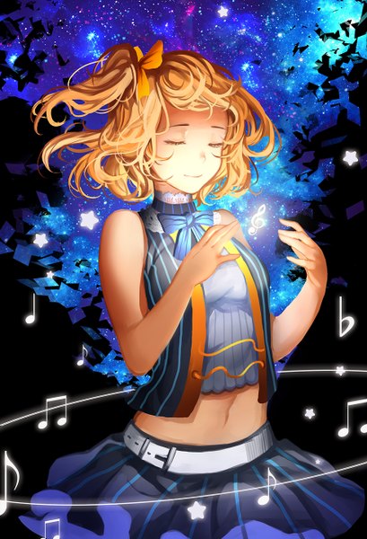 Anime picture 900x1320 with love live! school idol project sunrise (studio) love live! kousaka honoka xiaoshou xiansheng single tall image short hair blonde hair bare shoulders eyes closed night one side up girl skirt navel bow hair bow musical note