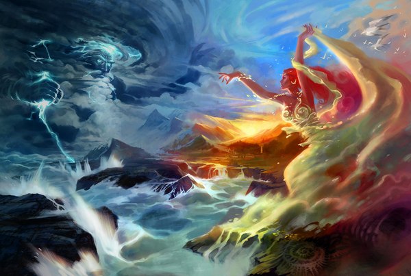 Anime picture 1680x1129 with jian guo (breathing) long hair sky cloud (clouds) white hair red hair mountain river battle waterfall lightning god epic girl boy earrings animal tree (trees) water sea