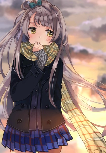 Anime picture 2312x3320 with love live! school idol project sunrise (studio) love live! minami kotori shigure ui single long hair tall image looking at viewer fringe highres standing yellow eyes cloud (clouds) pleated skirt grey hair sunlight hair bun (hair buns) one side up plaid skirt