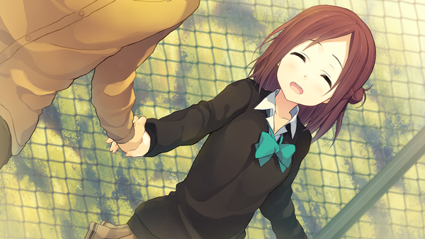 Anime picture 1600x900 with isshuukan friends brains base (studio) fujimiya kaori minase yuu blush short hair open mouth smile brown hair wide image eyes closed holding hands girl uniform school uniform bowtie