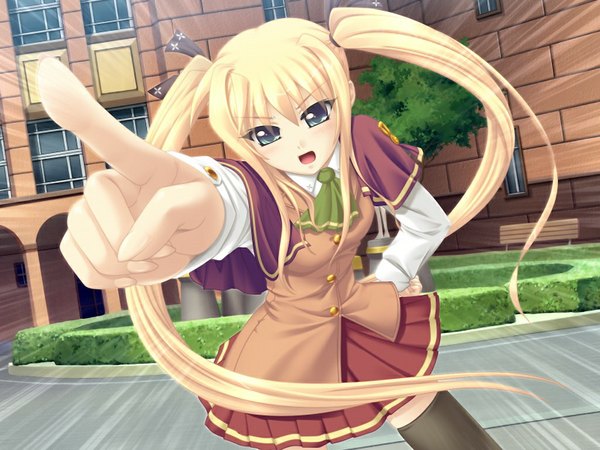 Anime picture 1024x768 with minna daisuki kozukuri banchou kinjou tsubaki open mouth blonde hair twintails green eyes game cg girl serafuku