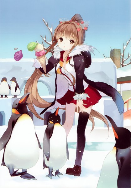 Anime picture 2133x3061 with kantai collection yamato super battleship yukizakura (neon-neon) tall image looking at viewer blush fringe highres brown hair brown eyes full body very long hair parted lips pleated skirt open clothes open jacket :o fur trim winter snow