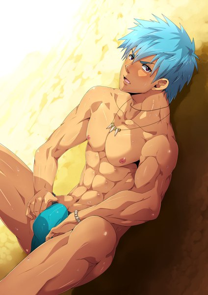 Anime picture 1240x1754 with boys specialist mazjojo single tall image looking at viewer blush fringe short hair open mouth light erotic hair between eyes purple eyes bare shoulders blue hair nipples bent knee (knees) bare legs on back dark skin reclining