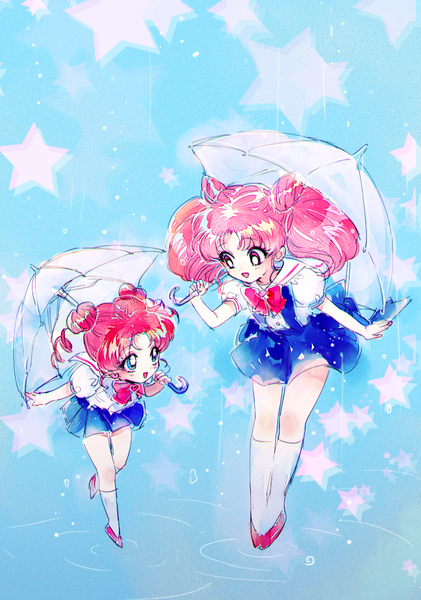 Anime picture 829x1182 with bishoujo senshi sailor moon toei animation chibiusa chibi chibi ahma long hair tall image short hair open mouth blue eyes simple background smile twintails multiple girls holding pink hair full body bent knee (knees) head tilt pleated skirt