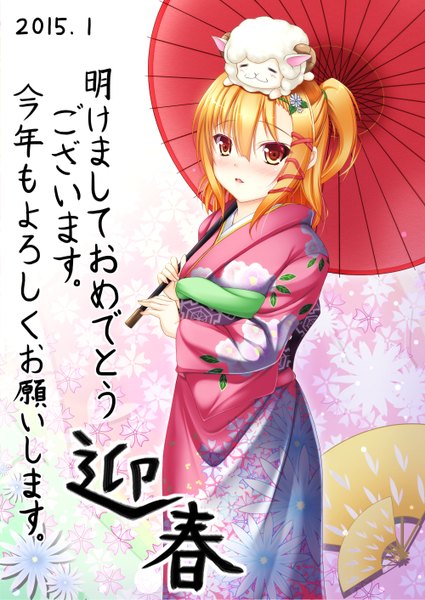Anime picture 1000x1412 with original hiro (725611) single tall image blush short hair open mouth blonde hair brown eyes traditional clothes japanese clothes girl kimono umbrella oriental umbrella