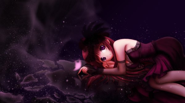 Anime picture 2720x1530 with fenikkusuda single long hair highres wide image purple eyes bare shoulders red hair lying girl dress gloves hat detached sleeves elbow gloves insect butterfly