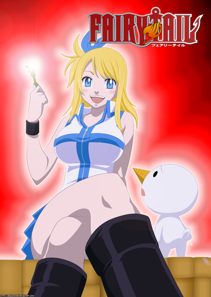 Anime picture 1400x1977 with fairy tail lucy heartfilia plue lord-zeref long hair tall image blush open mouth blue eyes blonde hair smile pleated skirt black eyes inscription crossed legs coloring girl bow hair bow animal