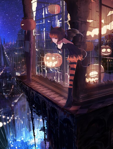 Anime picture 756x1000 with original popopo single tall image fringe short hair breasts smile brown hair large breasts standing bare shoulders animal ears looking away cleavage tail blunt bangs from above cat ears night