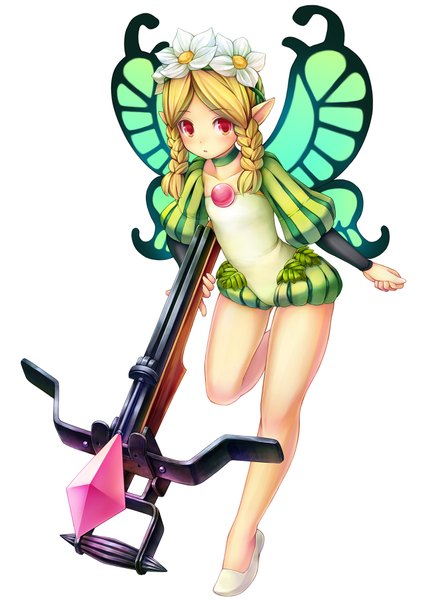 Anime picture 1275x1800 with odin sphere vanillaware mercedes (odin sphere) namaru (summer dandy) single tall image short hair blonde hair simple background red eyes white background braid (braids) hair flower twin braids insect wings butterfly wings girl hair ornament flower (flowers) weapon