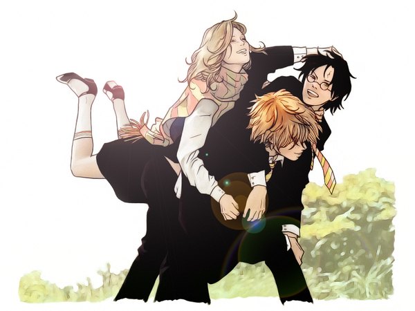 Anime picture 1600x1200 with harry potter hermione granger harry potter (character) ron weasley long hair short hair open mouth black hair blonde hair simple background eyes closed orange hair multiple boys scar laughing girl boy socks glasses necktie