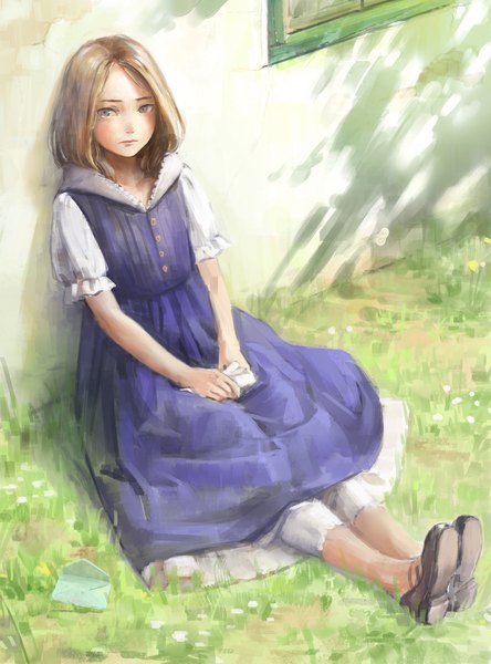 Anime picture 1421x1920 with original arata yokoyama single tall image short hair blue eyes brown hair sitting holding outdoors lips short sleeves girl dress flower (flowers) plant (plants) shoes grass blue dress paper