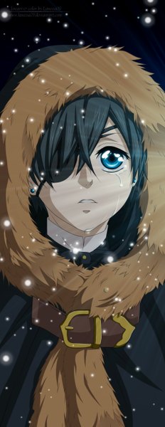 Anime picture 1000x2581 with kuroshitsuji a-1 pictures ciel phantomhive lanessa29 single tall image short hair blue eyes black hair tears coloring snowing snow boy earrings fur hood eyepatch winter clothes buckles